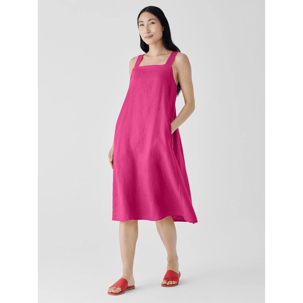Eileen Fisher Organic Linen Square Neck Midi Dress Fuchsia Pink Womens Large - Picture 1 of 8